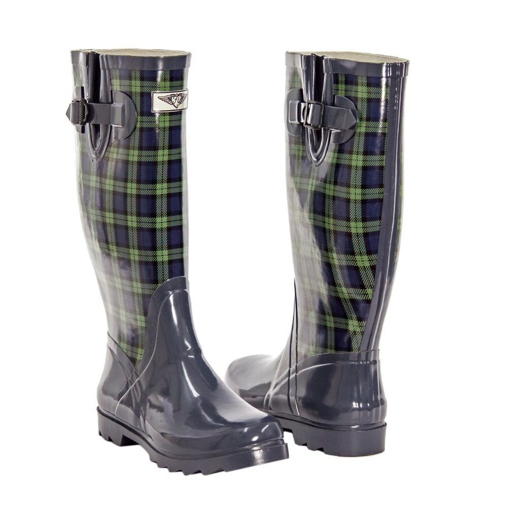 Women's Rainboots, Tall Rubber Rain Boots, RB-1407, Green Plaid, Size 6